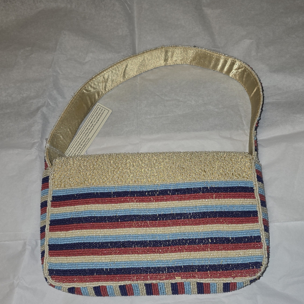 T.J.Maxx Beaded Beige Shoulder Bag with Colorful Travel Patches - Picture 4 of 4